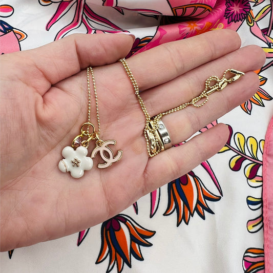 Repurposed CC Pink Camellia Gold Charm Necklace