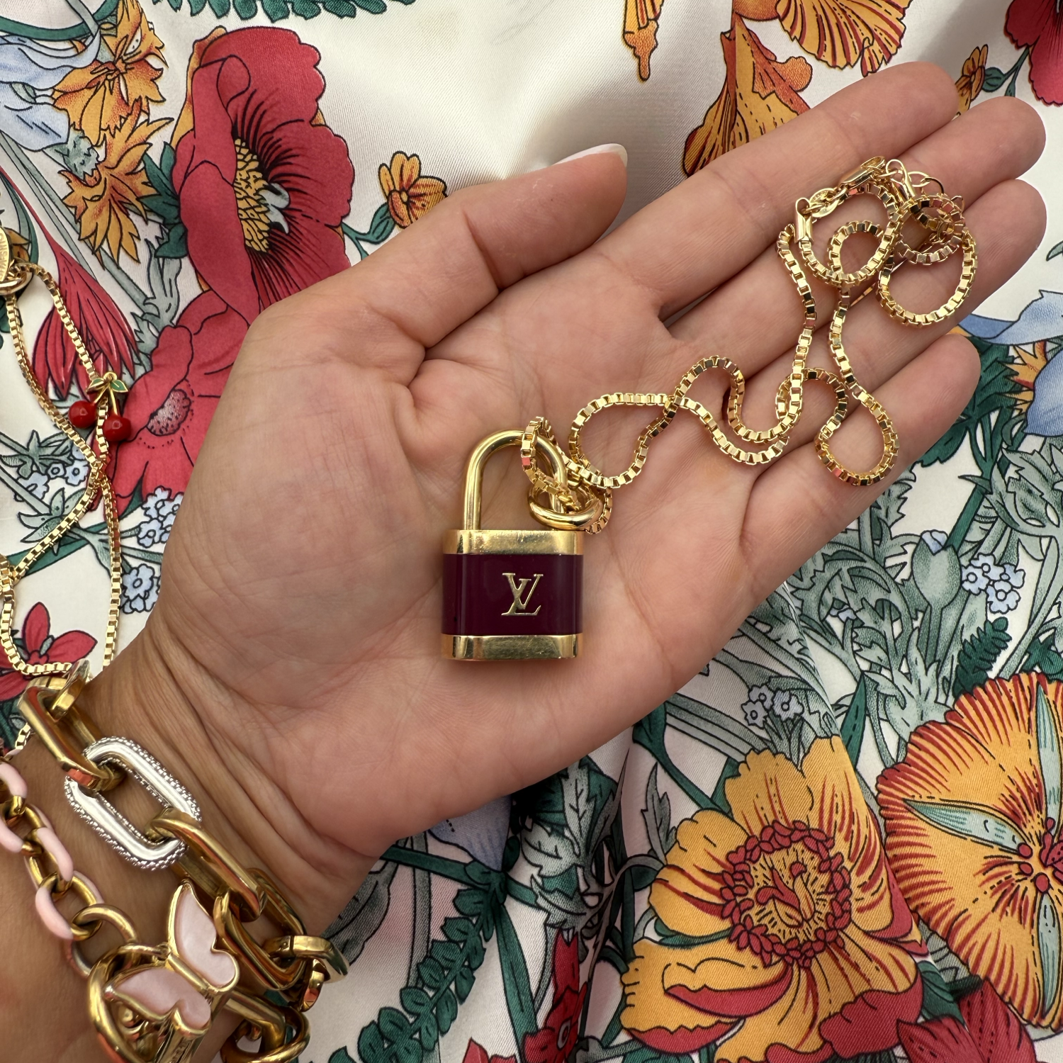Repurposed LV Lock Burgundy and Gold Charm Necklace – LINA V DESIGNS