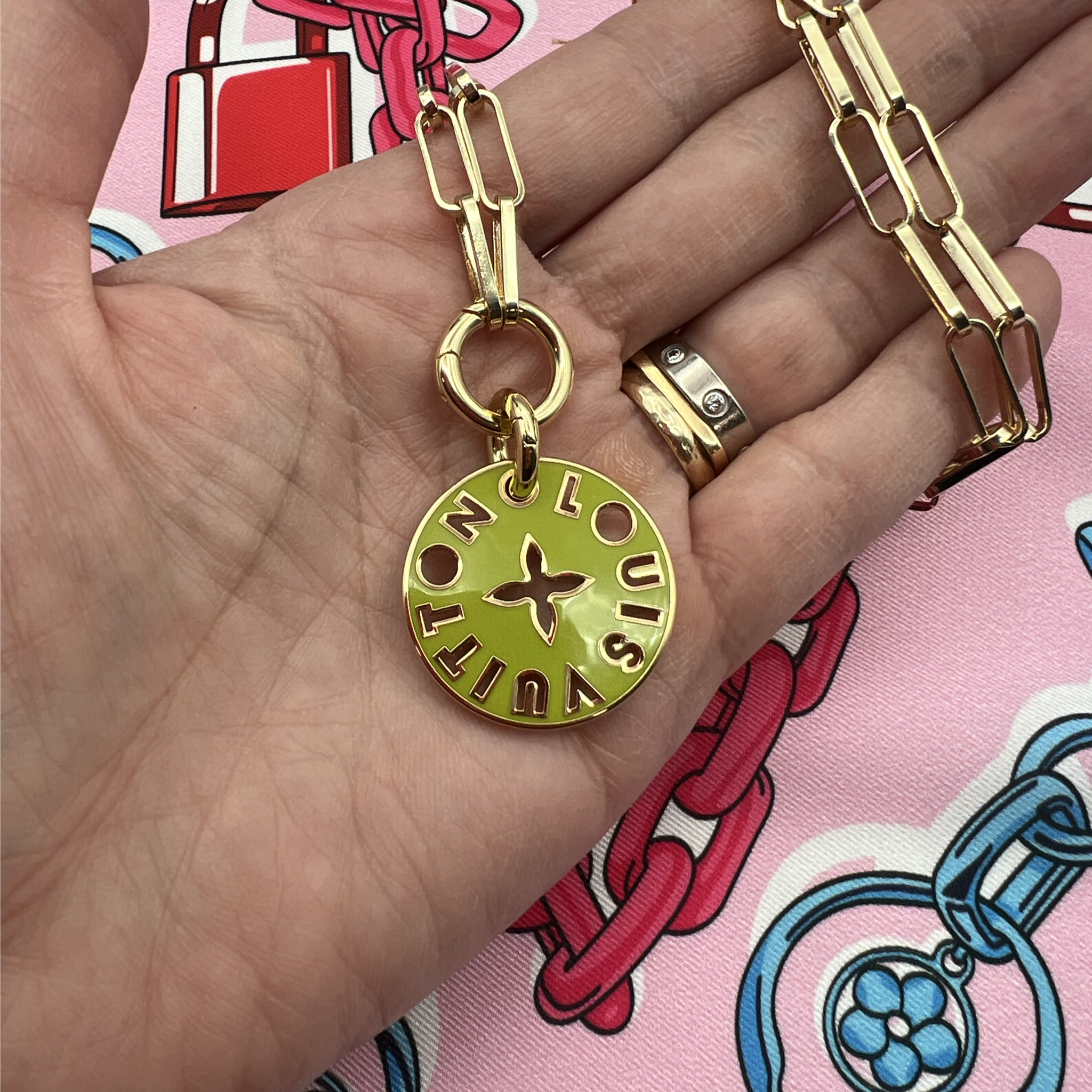Repurposed LV Double Sided Pink & Green Charm Necklace – LINA V Repurposed LV Double Sided Pink & Green Charm Necklace – LINA V