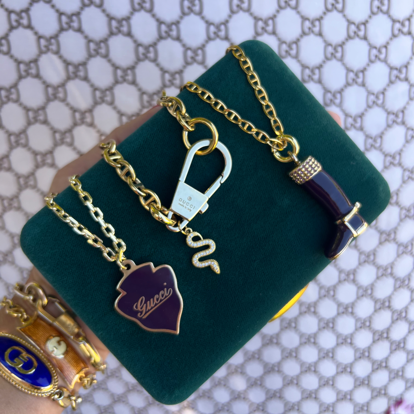 Repurposed GG Enamel Purple Cursive Necklace