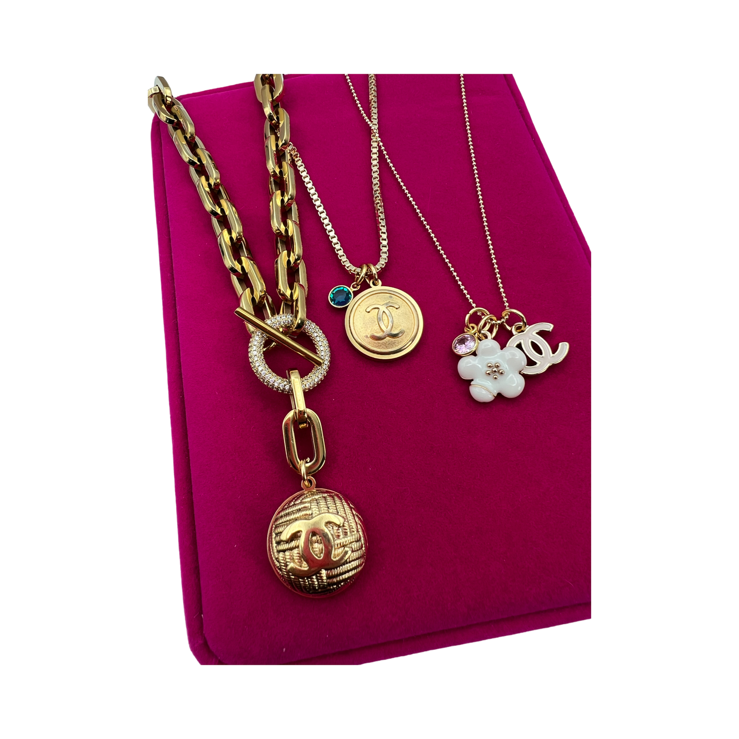 Repurposed CC Pink Logo & Daisy Gold Charm Necklace