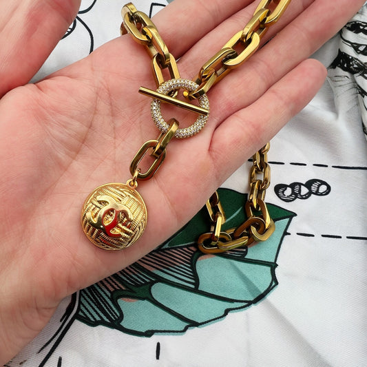 Repurposed CC Quilt Gold Charm Necklace