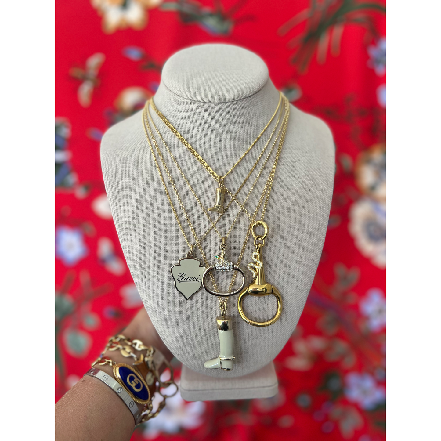 Repurposed GG Cream & Gold Enamel Riding Boot Charm Necklace