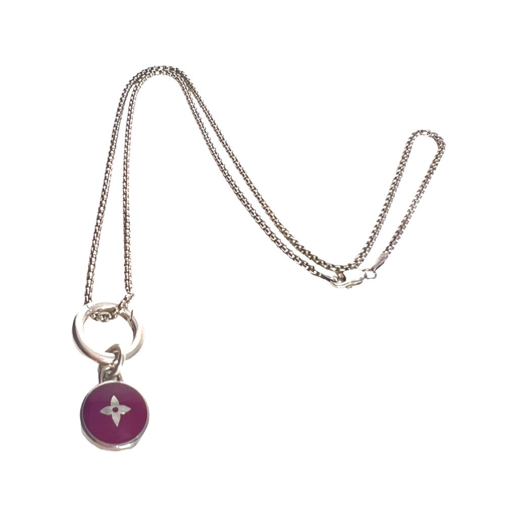 Repurposed LV Monogram Purple Flower Pastille Charm On Silver Chain Necklace