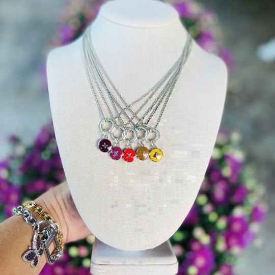 Repurposed LV Monogram Purple Flower Pastille Charm On Silver Chain Necklace