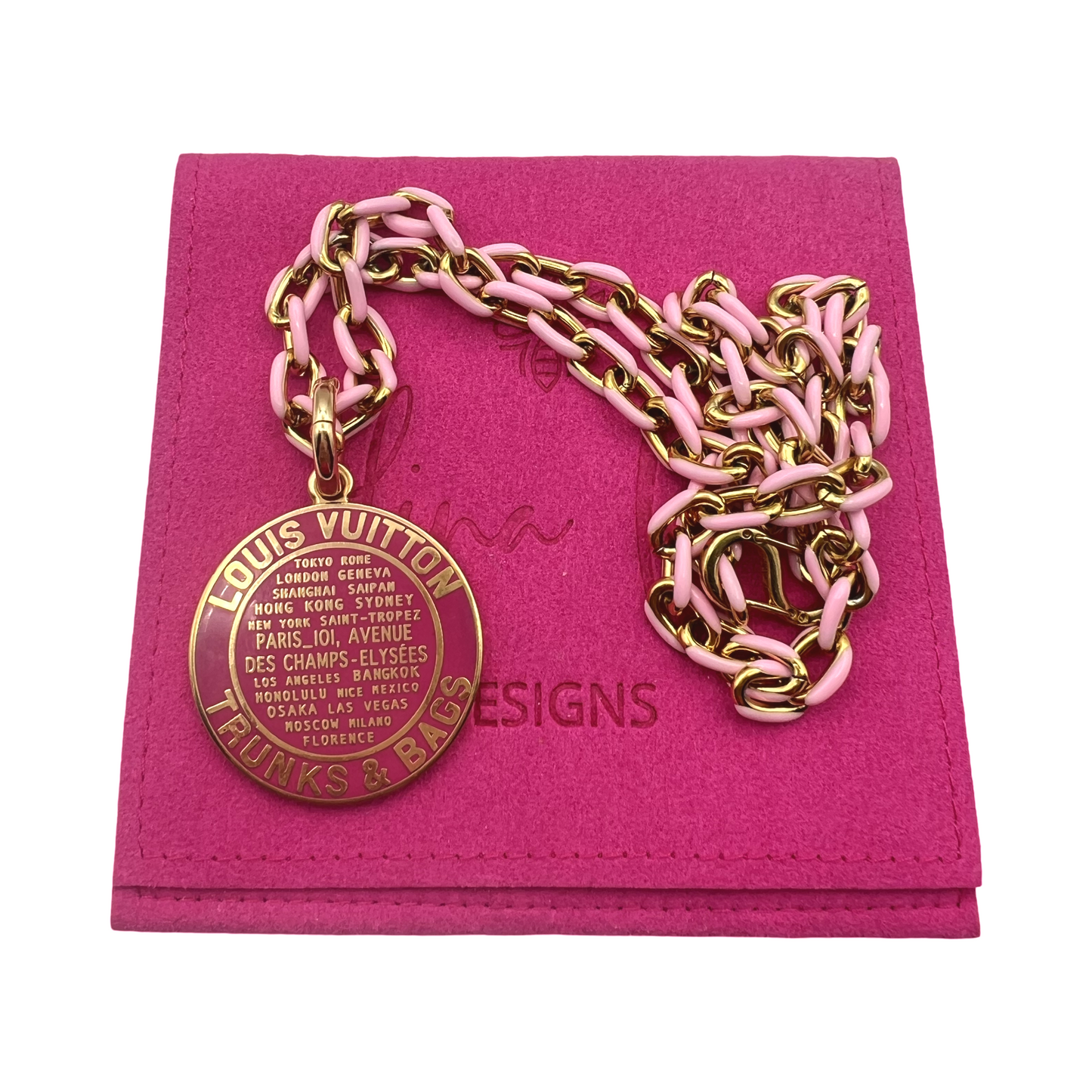 Repurposed LV Pink Double Sided Trunks & Bags Charm Necklace