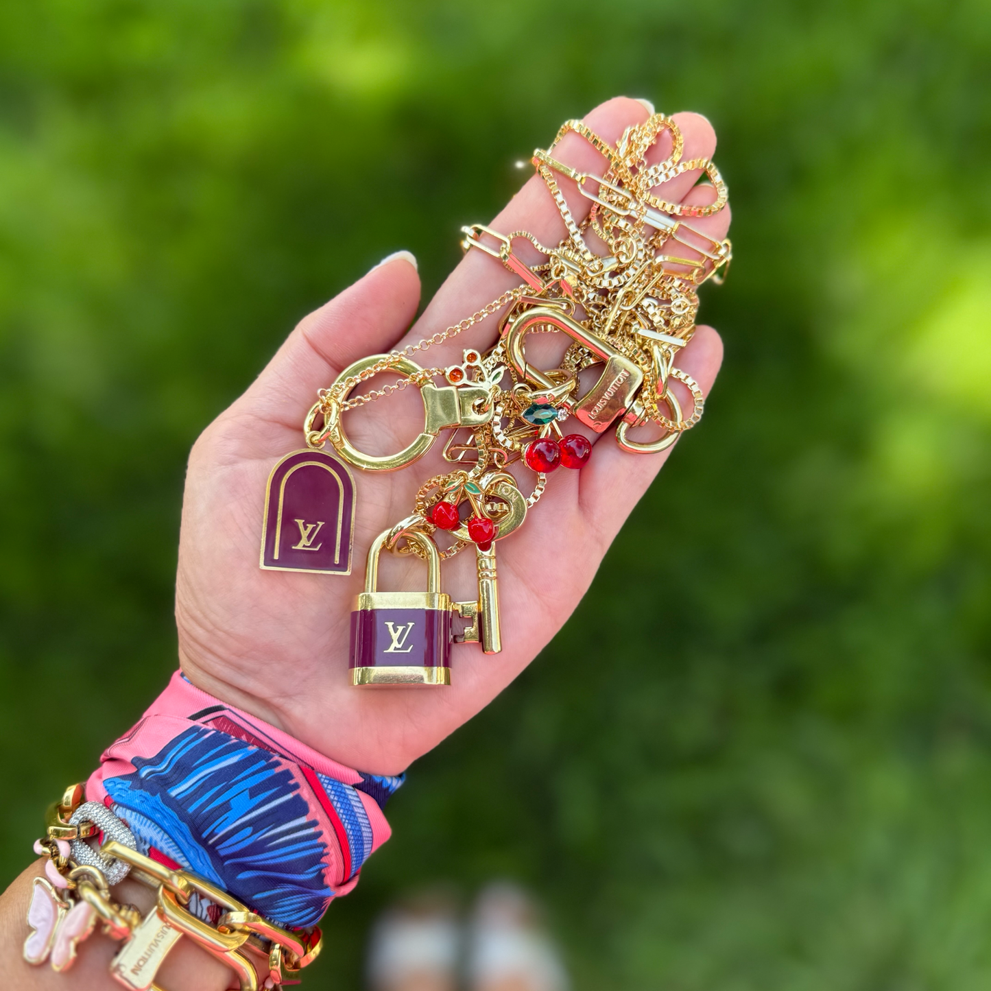 Repurposed LV Key & Cherry Gold Charm Necklace