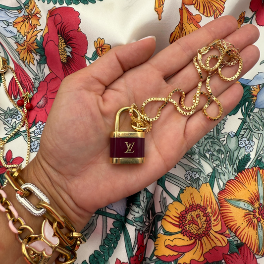 Repurposed LV Lock Burgundy and Gold Charm Necklace
