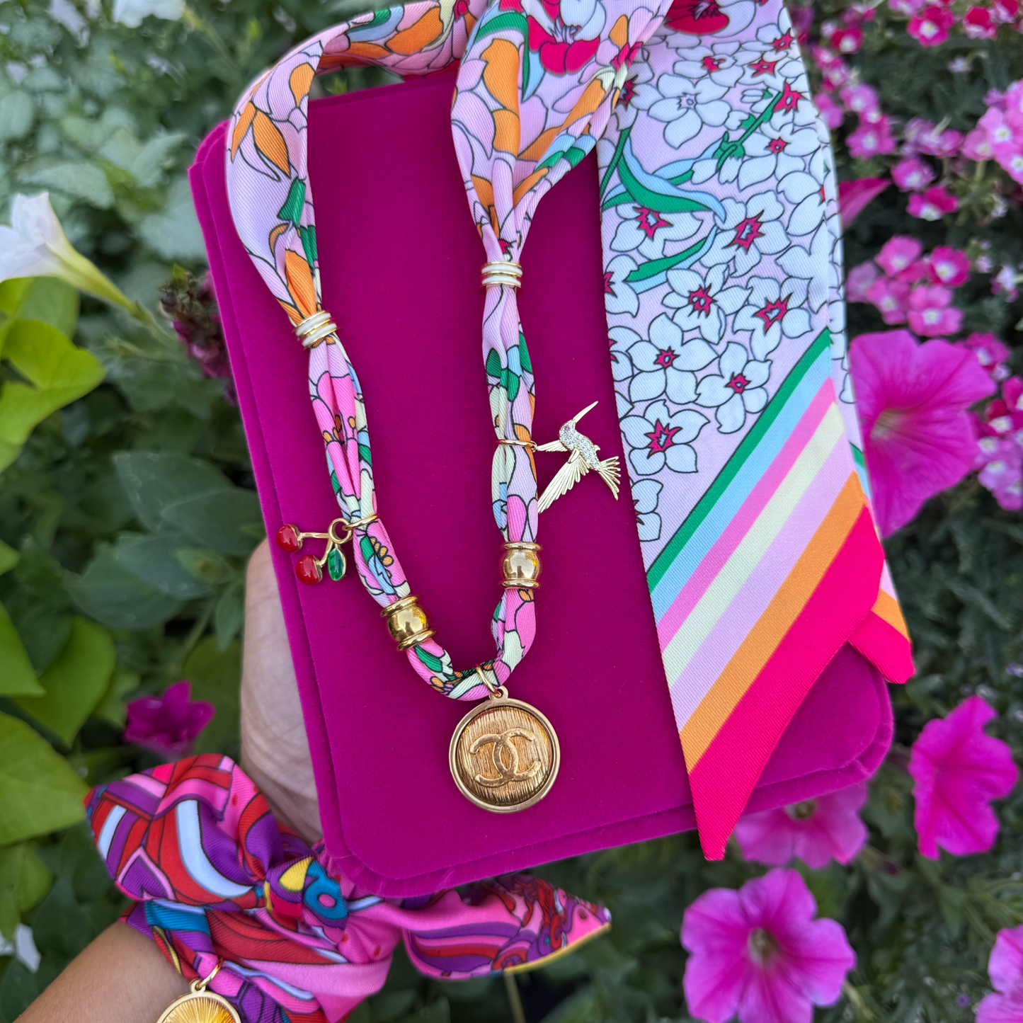 Repurposed CC  Large Cherry Scarf Charm Necklace