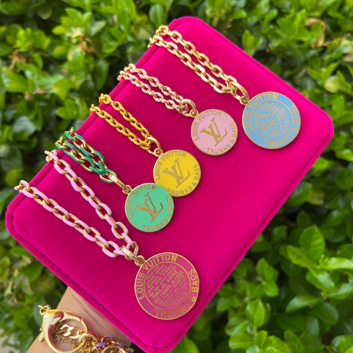 Repurposed LV Pink Double Sided Trunks & Bags Charm Necklace