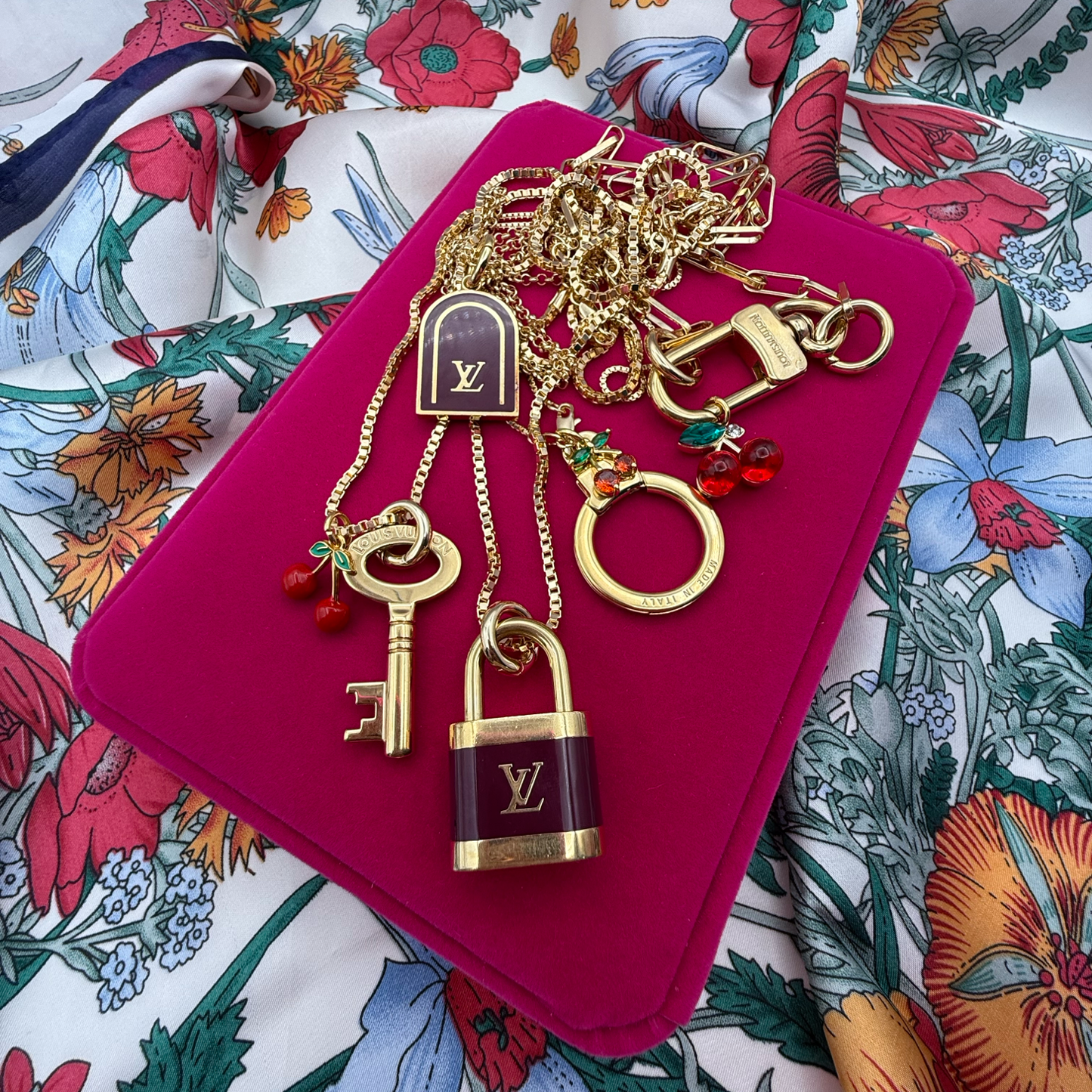 Repurposed LV Key & Cherry Gold Charm Necklace