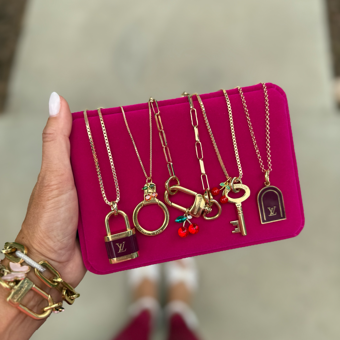 Repurposed LV Key & Cherry Gold Charm Necklace