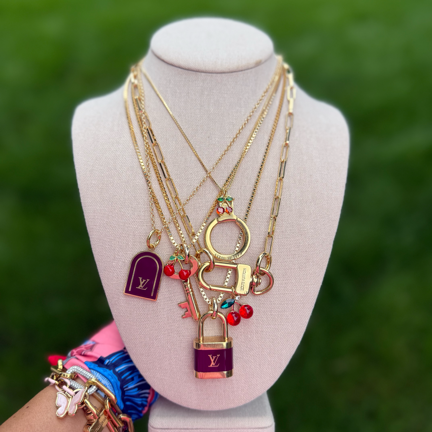 Repurposed LV Key & Cherry Gold Charm Necklace