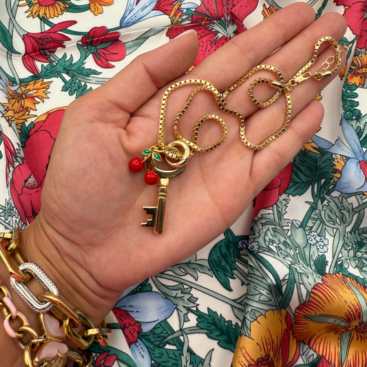 Repurposed LV Key & Cherry Gold Charm Necklace