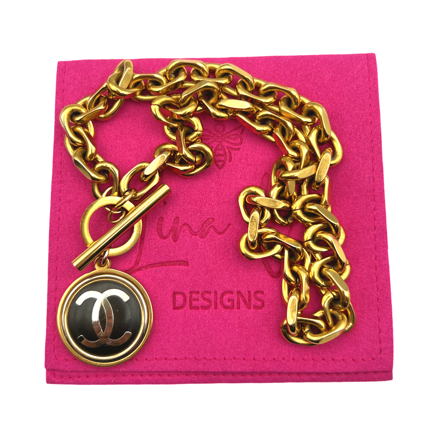 Repurposed Very Rare Large Gold & Black CC Charm Necklace