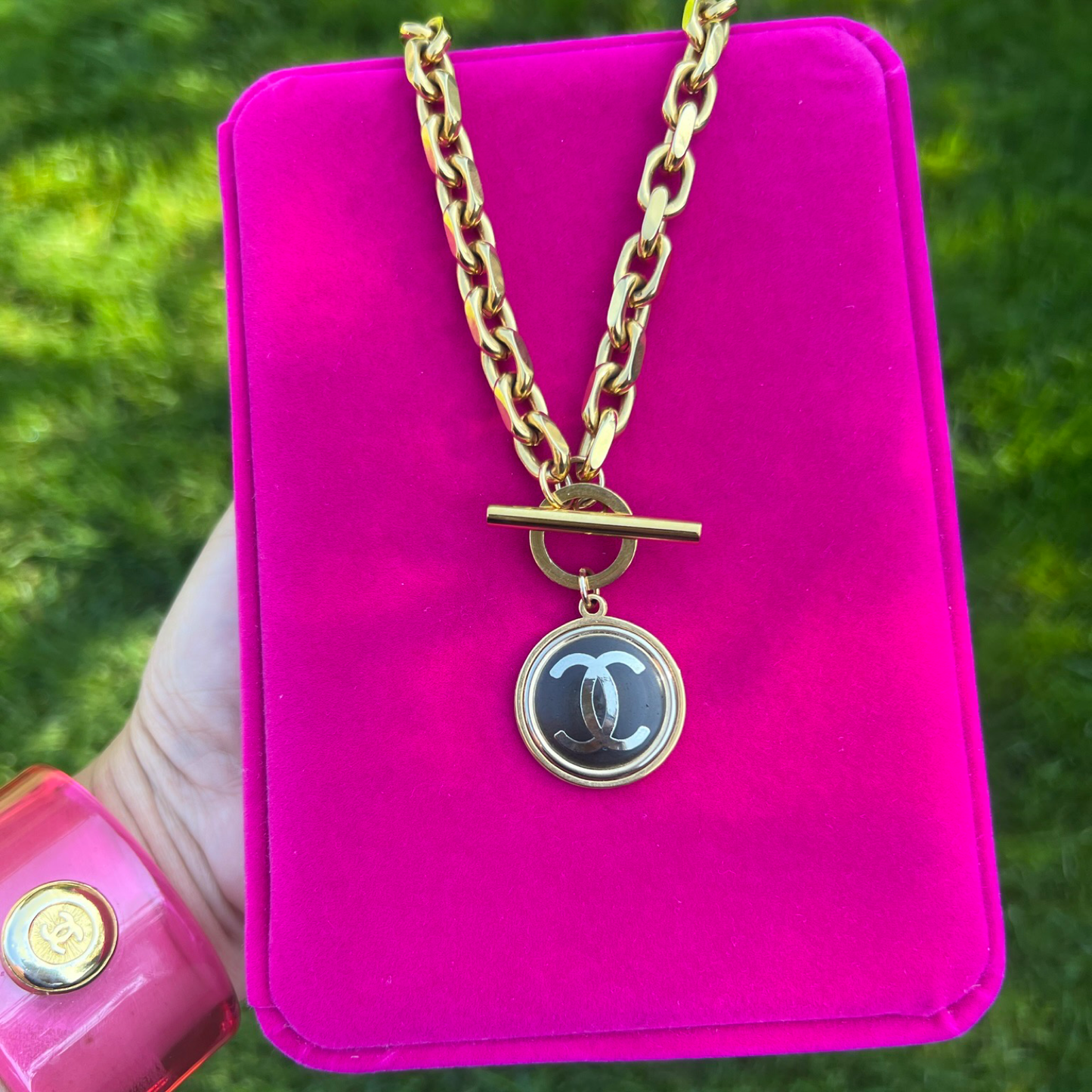Repurposed Very Rare Large Gold & Black CC Charm Necklace
