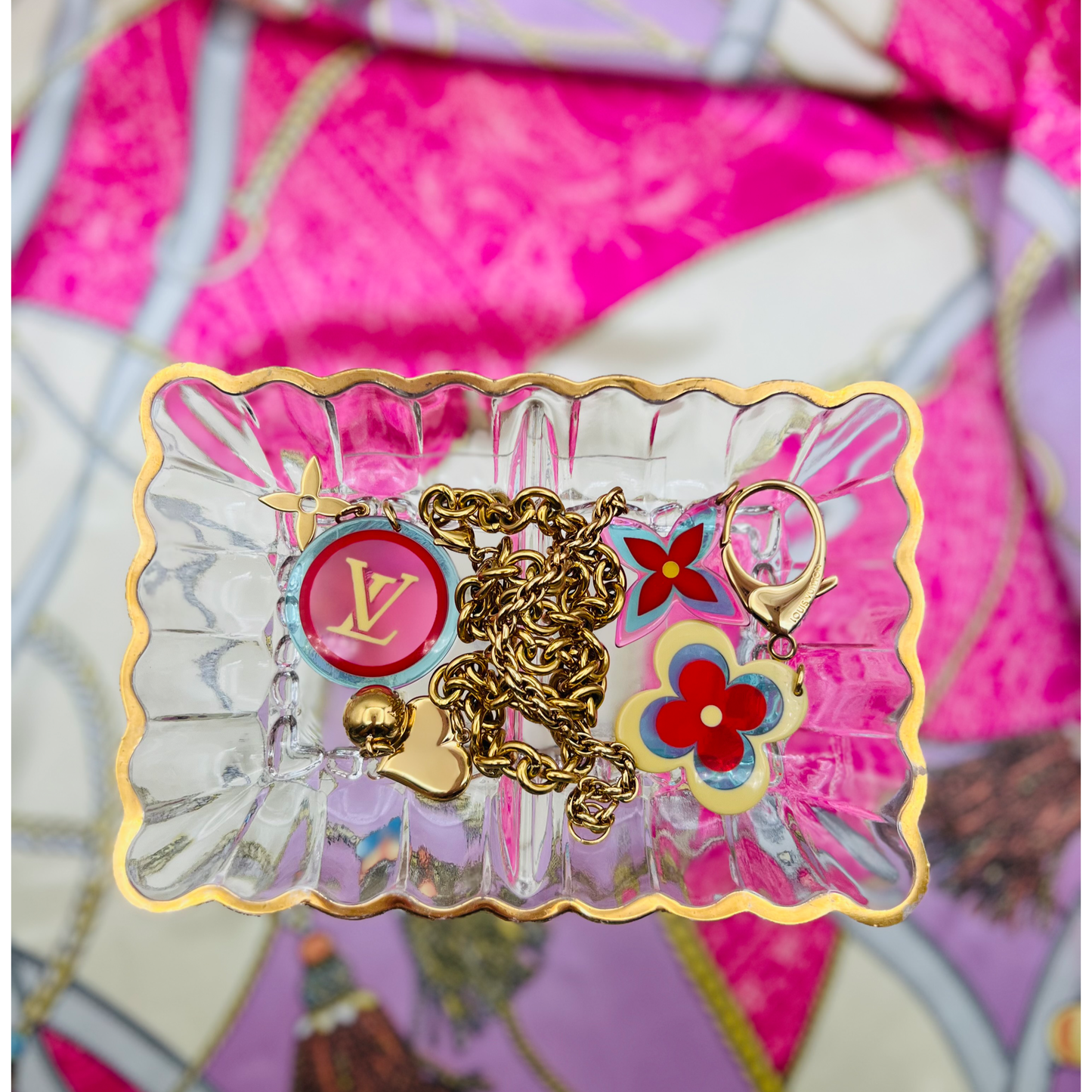 Repurposed  LV  Large Pink & Blue Flower Charm Necklace