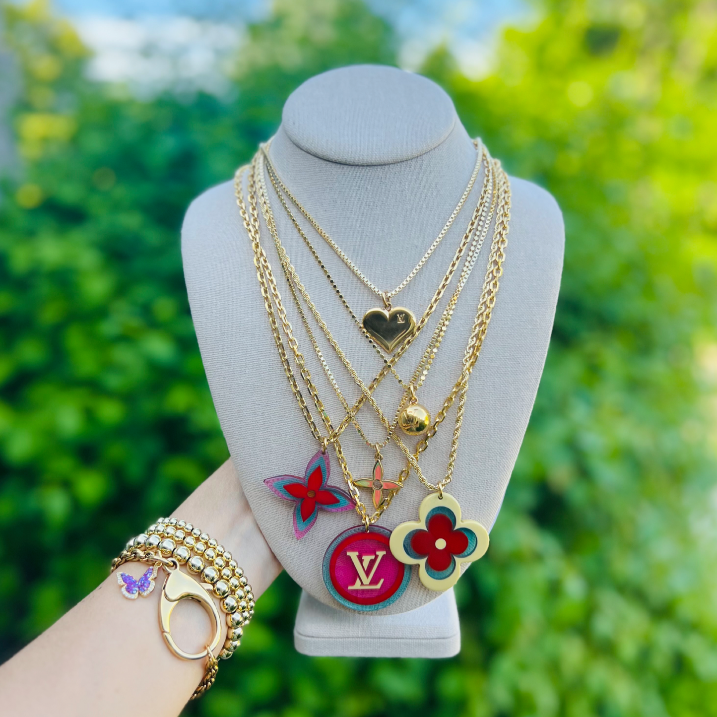 Repurposed  LV  Large Pink & Blue Flower Charm Necklace