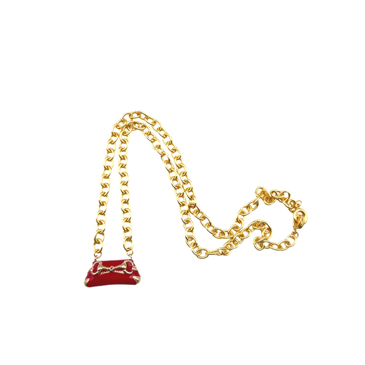 Repurposed GG Red and Gold Horsebit Clutch Purse Necklace
