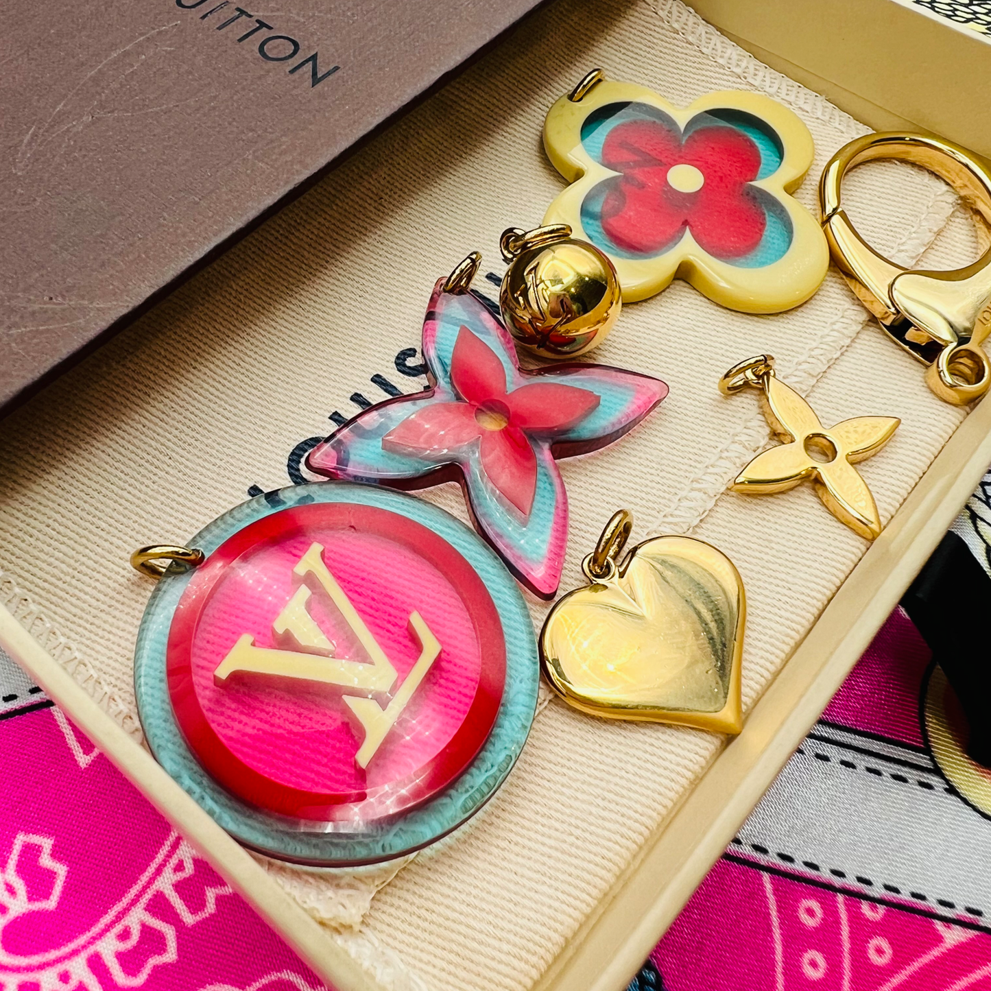 Repurposed  LV  Large Pink & Blue Flower Charm Necklace