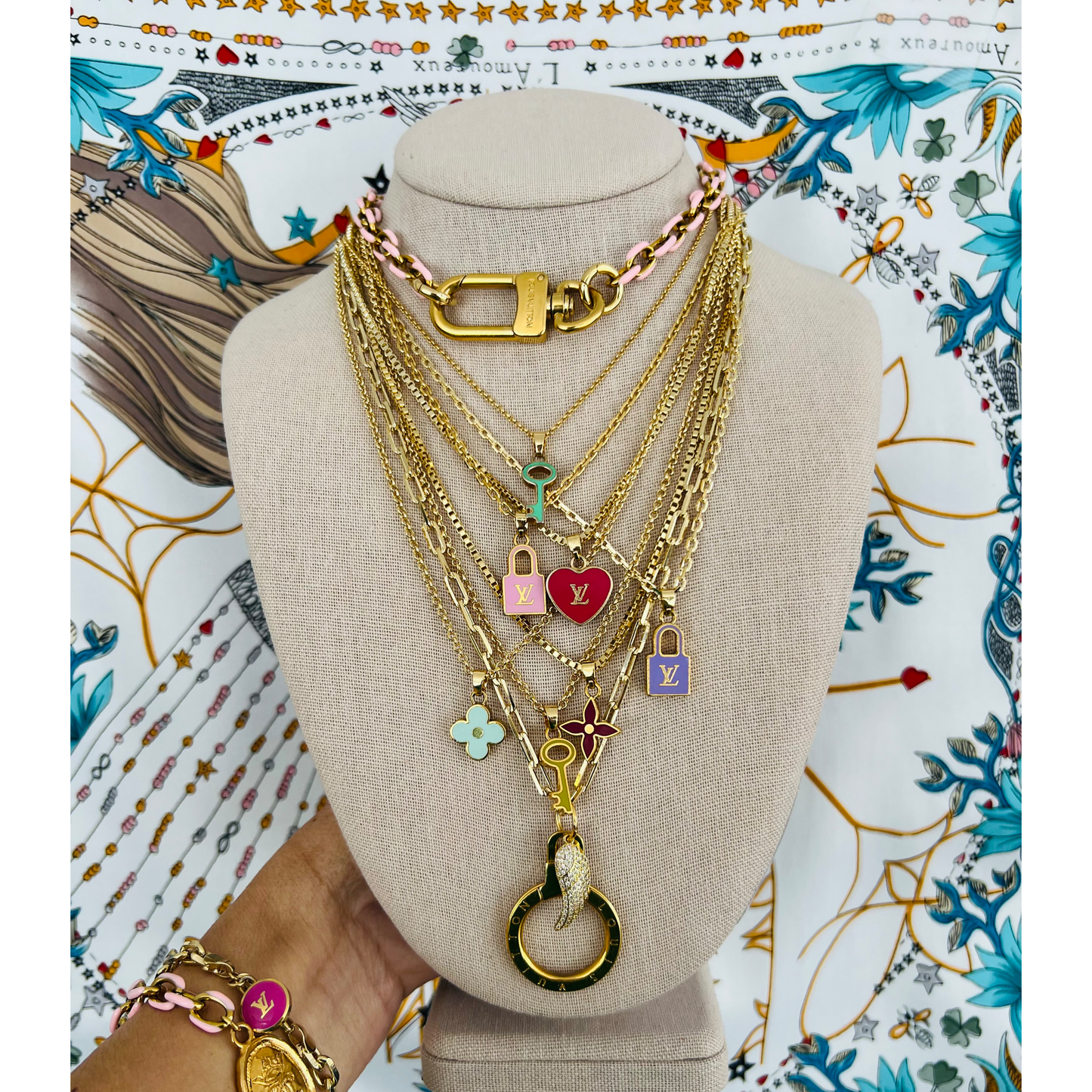 Repurposed LV Red Flower Charm Necklace