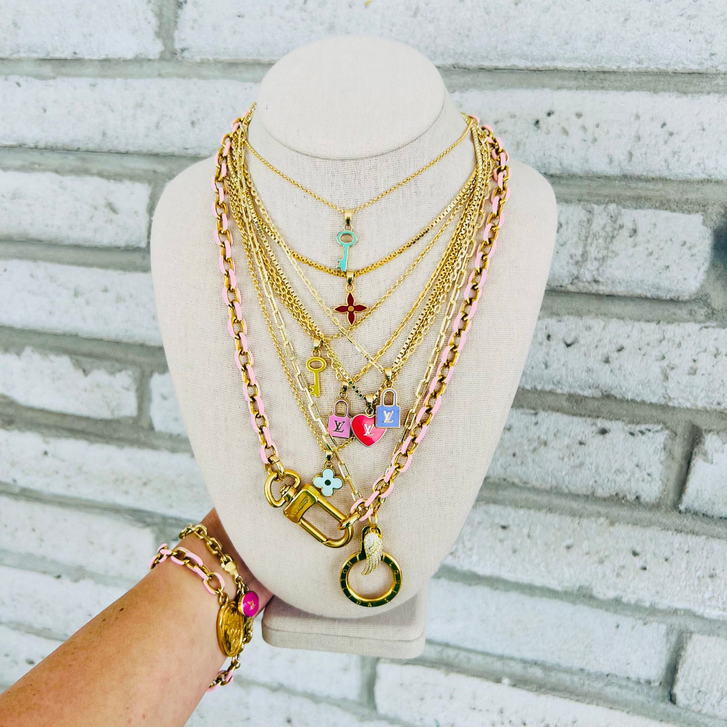Repurposed LV Red Flower Charm Necklace