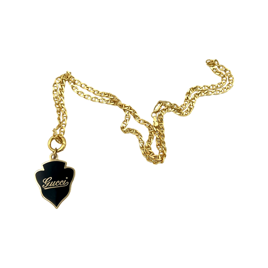 Repurposed GG Cursive Black Enamel and Gold Necklace