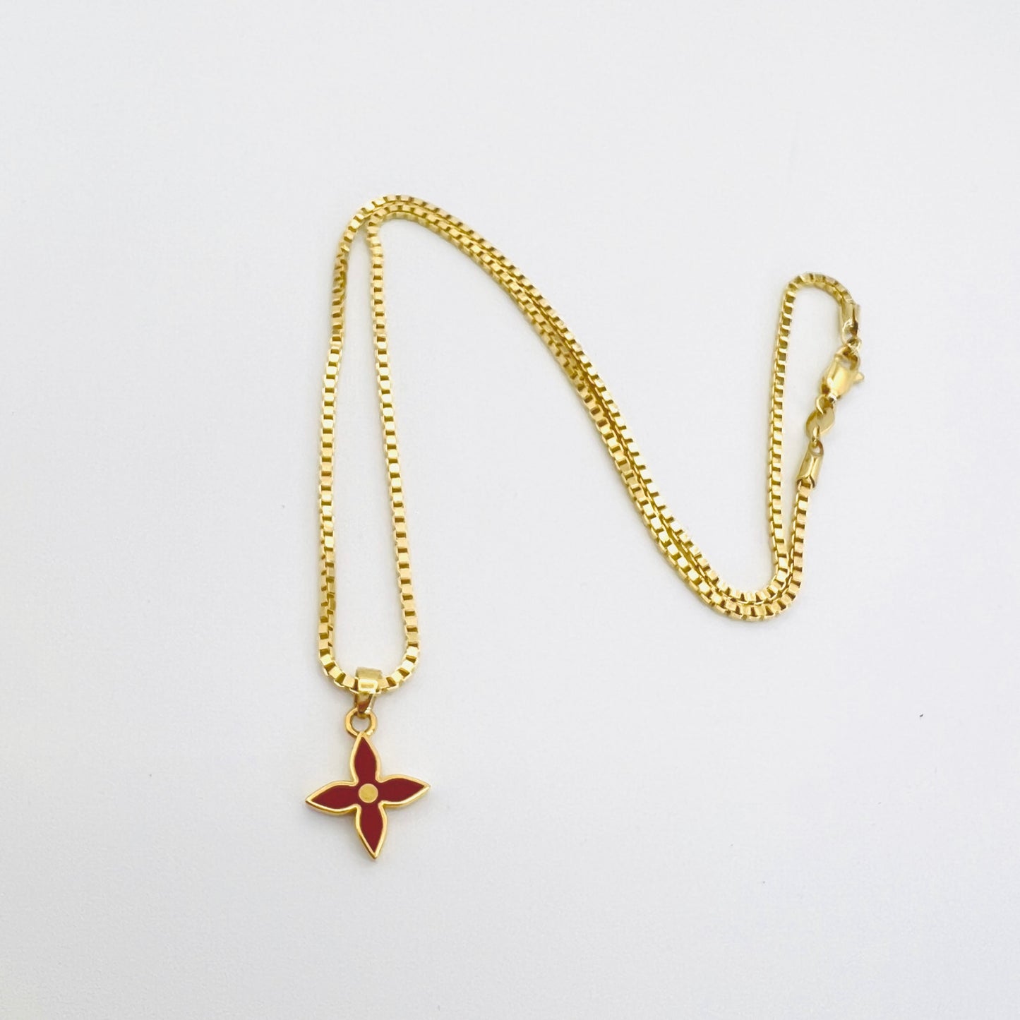 Repurposed LV Red Flower Charm Necklace